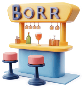 Colorful, cartoonish bar counter with stools. png