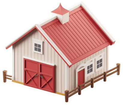 Charming, stylized barn illustration with a red roof. png