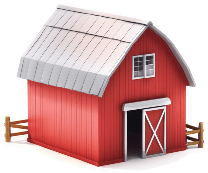 Red barn with gable roof and wooden fence. png