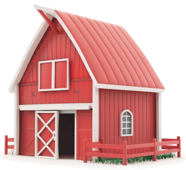 A vibrant red barn stands proudly, framed by a simple fence. png