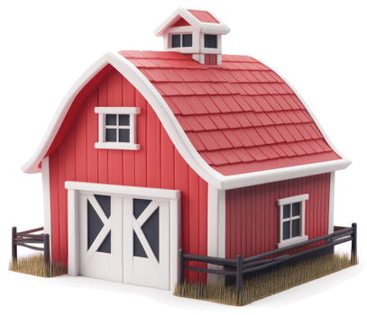 Charming red barn with a curved roof stands in a grassy field. png
