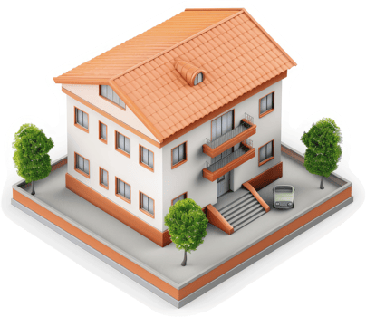 Two-story residential building with terracotta roof and landscaping. png