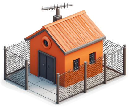 Orange house enclosed by a chain link fence. png