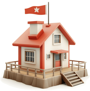 Cozy seaside cottage with a small red flag. png