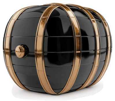 Polished, dark black wooden barrel with golden bands. png