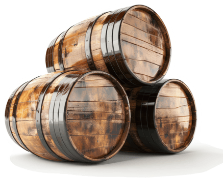 Three stacked wooden barrels, showcasing aging and craftsmanship. png