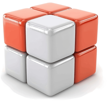 Geometric design composed of interlocking cubes in orange and white. png