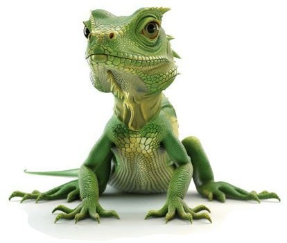 Vivid, cartoonish rendering of a small, green lizard. png
