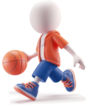 Cartoon character in motion, dribbling a basketball. png