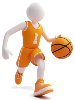 Animated figure in orange basketball uniform dribbling a ball. png
