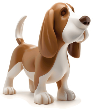 Smiling basset hound figurine stands alert. png