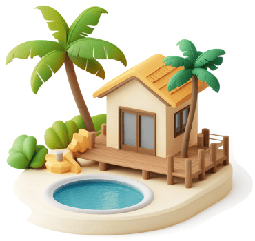 Tropical beach house with pool and palm trees. png