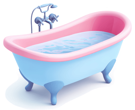 Pastel-colored bathtub filled with water and faucet. png