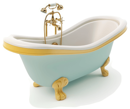 Vintage light teal clawfoot bathtub with gold accents. png