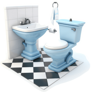 Retro light blue bathroom fixtures on checkered floor. png