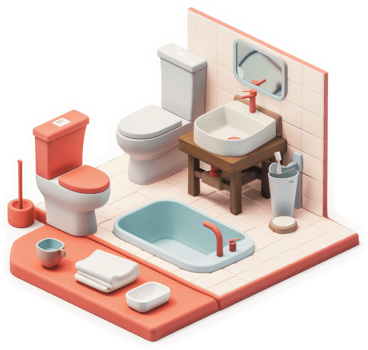 Stylish, cartoonish bathroom scene with essential fixtures. png