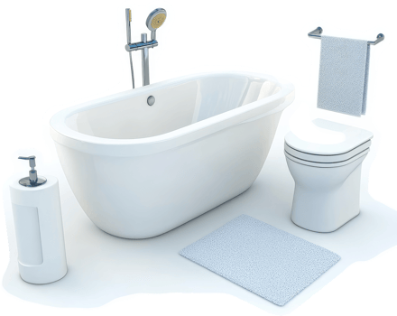 Modern white bathroom suite with bathtub, toilet, and accessories. png