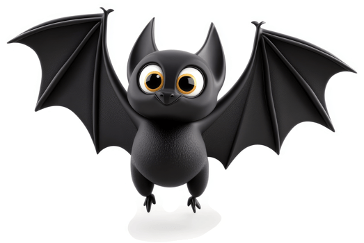 Cartoon bat in flight with wide wings. png