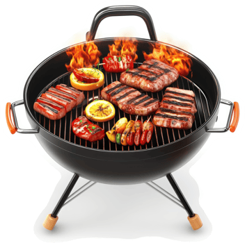 Delicious grilled meats and vegetables on a portable round barbecue. png