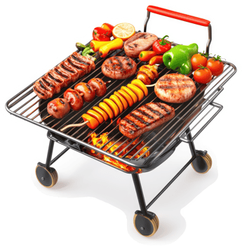 Delicious grilled meats and vegetables on a portable barbecue. png