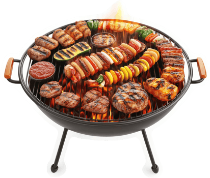 A variety of grilled meats and vegetables on a round portable grill. png