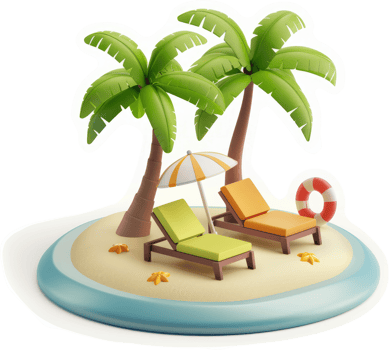 Tropical island getaway scene with beach chairs and palm trees. png