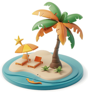 Colorful cartoonish island paradise scene with palm tree, beach chairs, and umbrella. png