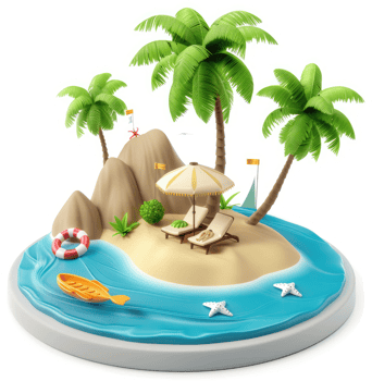 Tropical island paradise with beach amenities. png