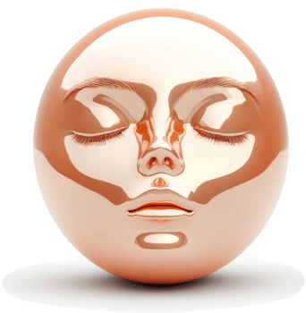 Polished copper sphere depicts a serene, closed-eye face. png