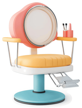 Vibrant, colorful salon chair with a circular mirror. png