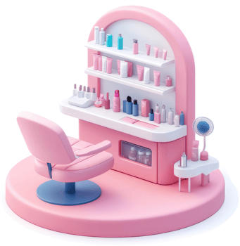 Pink cosmetic station with various beauty products. png