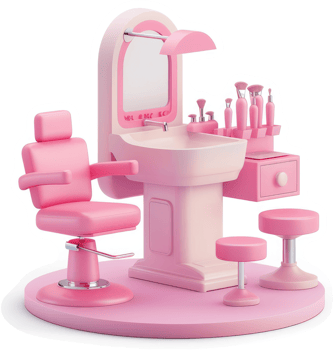 Pink beauty salon station with vanity and hairdressing chair. png