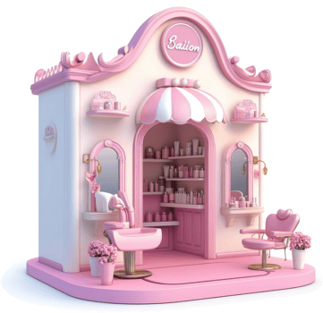 Pink beauty salon storefront, charming and whimsical. png