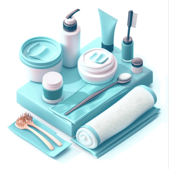 Cosmetic products and spa accessories arranged on a light blue surface. png