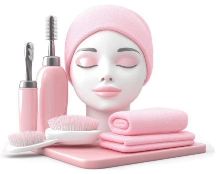 Pink spa products arranged around a serene female head. png