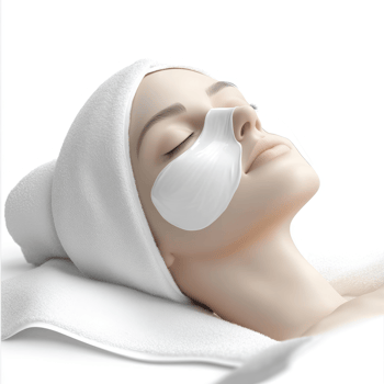 Relaxed female model with facial skin treatment patches. png
