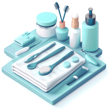 Teal spa items displayed on a platform. png
