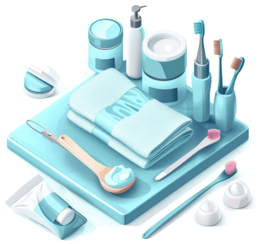 Collection of hygiene products displayed on a light blue surface. png