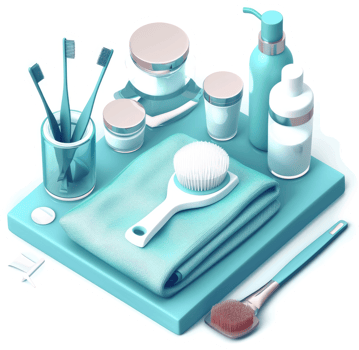 Collection of cosmetic and hygiene products on a teal platform. png