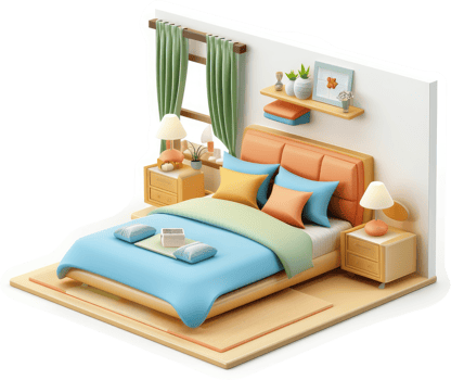 Colorful cartoon bedroom scene with comfortable furnishings. png