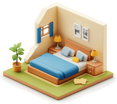Cozy bedroom interior design, presented in a stylized 3D model. png