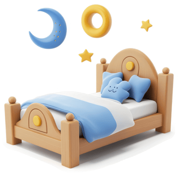 A cozy wooden bed with night sky accents. png
