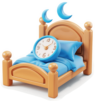 Cozy bed with clock and moon, perfect for restful sleep. png