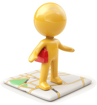 A stylized figure stands on a map, indicating a location. png