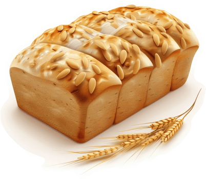 Golden loaves of seeded bread with wheat sprigs. png