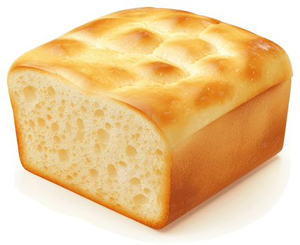 Square loaf of light golden bread, showcasing a textured interior. png