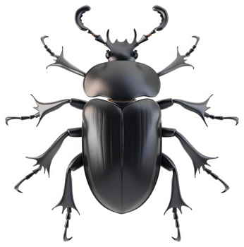 A detailed illustration of a large, black beetle. png