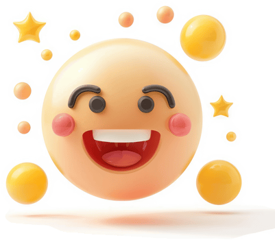 Animated joyful emoticon surrounded by celebratory elements. png