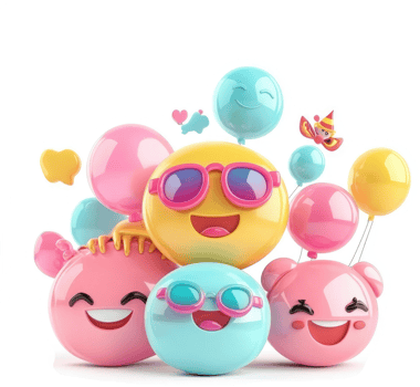 Colorful emoji characters with balloons and decorations. png