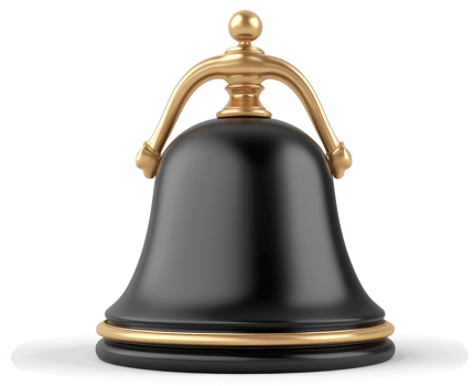 Ornate black bell with golden accents. png